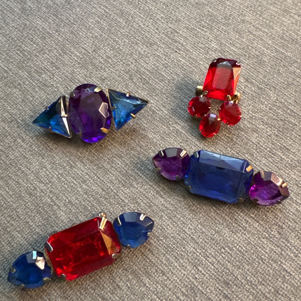 Lot of 4 Vintage Colorful Glass Rhinestone Geometric Brooch Pins